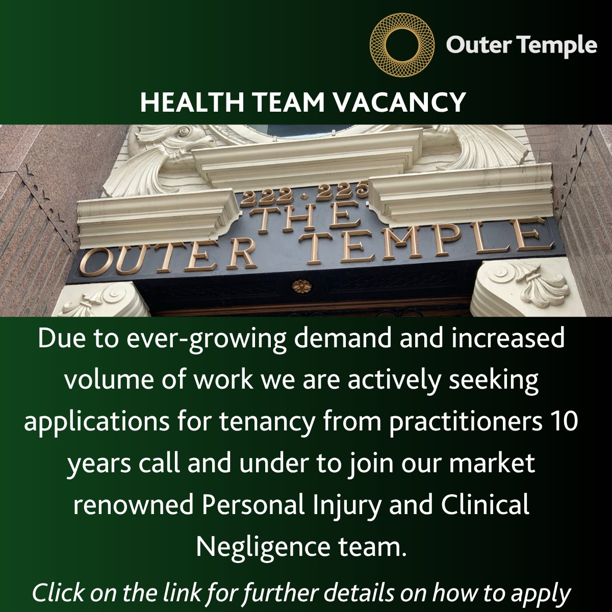 Outer Temple Chambers (@outertemple) on Twitter photo Due to ever-growing demand and increased volume of work, <a href="/outertemple/">Outer Temple Chambers</a> is seeking applications for tenancy from practitioners 10 years call and under to join our Personal Injury and Clinical Negligence team.
Applications close on 25th July 2025**
Details:outertemple.com/join-our-team/… Due to ever-growing demand and increased volume of work, <a href="/outertemple/">Outer Temple Chambers</a> is seeking applications for tenancy from practitioners 10 years call and under to join our Personal Injury and Clinical Negligence team.
Applications close on 25th July 2025**
Details:outertemple.com/join-our-team/…