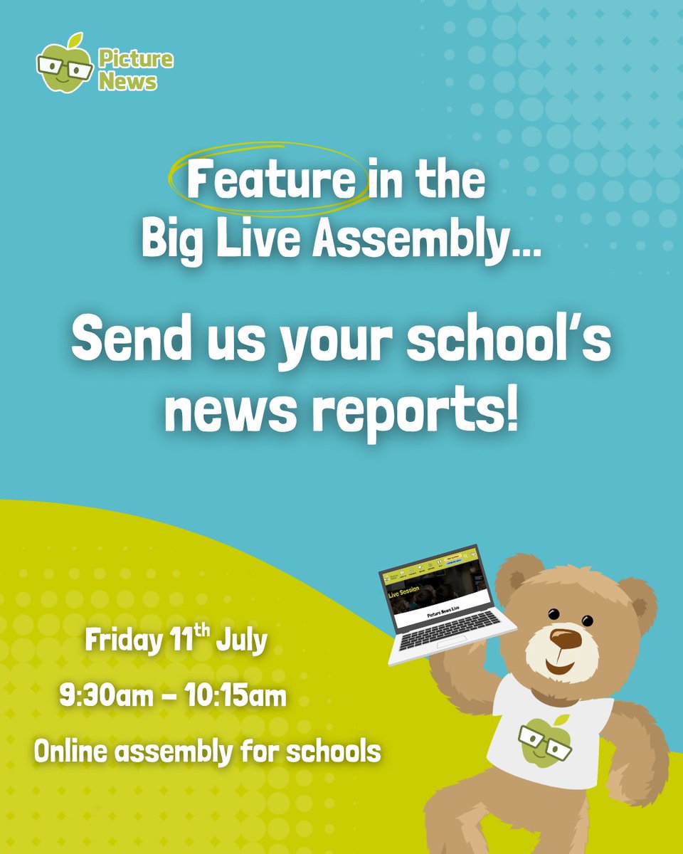 Picture News (@helppicture) on Twitter photo If you'd like your school to feature in the Picture News Big End of Year Live Assembly, send us your news reports!
Email help@picture-news.co.uk or message us on social media before Wednesday 9th July.
P.S. Sign up for the free assembly here👉 bit.ly/PNLiveAssembly… If you'd like your school to feature in the Picture News Big End of Year Live Assembly, send us your news reports!
Email help@picture-news.co.uk or message us on social media before Wednesday 9th July.
P.S. Sign up for the free assembly here👉 bit.ly/PNLiveAssembly…