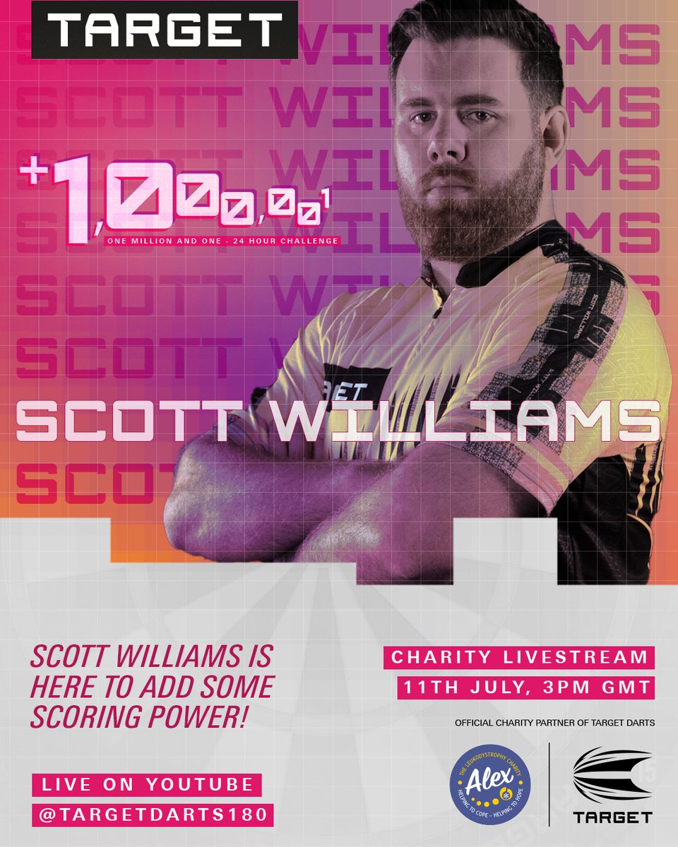 Target Darts (@targetdarts) on Twitter photo The Target Darts 24 Hour Charity Livestream! π―
Next Friday at 3pm, we'll be aiming to reach 1,000,001 points whilst raising as much money as we can for our offical charity partner Alex TLC.
We'll be hosting auctions to buy some great products, with all proceeds going to The Target Darts 24 Hour Charity Livestream! π―
Next Friday at 3pm, we'll be aiming to reach 1,000,001 points whilst raising as much money as we can for our offical charity partner Alex TLC.
We'll be hosting auctions to buy some great products, with all proceeds going to