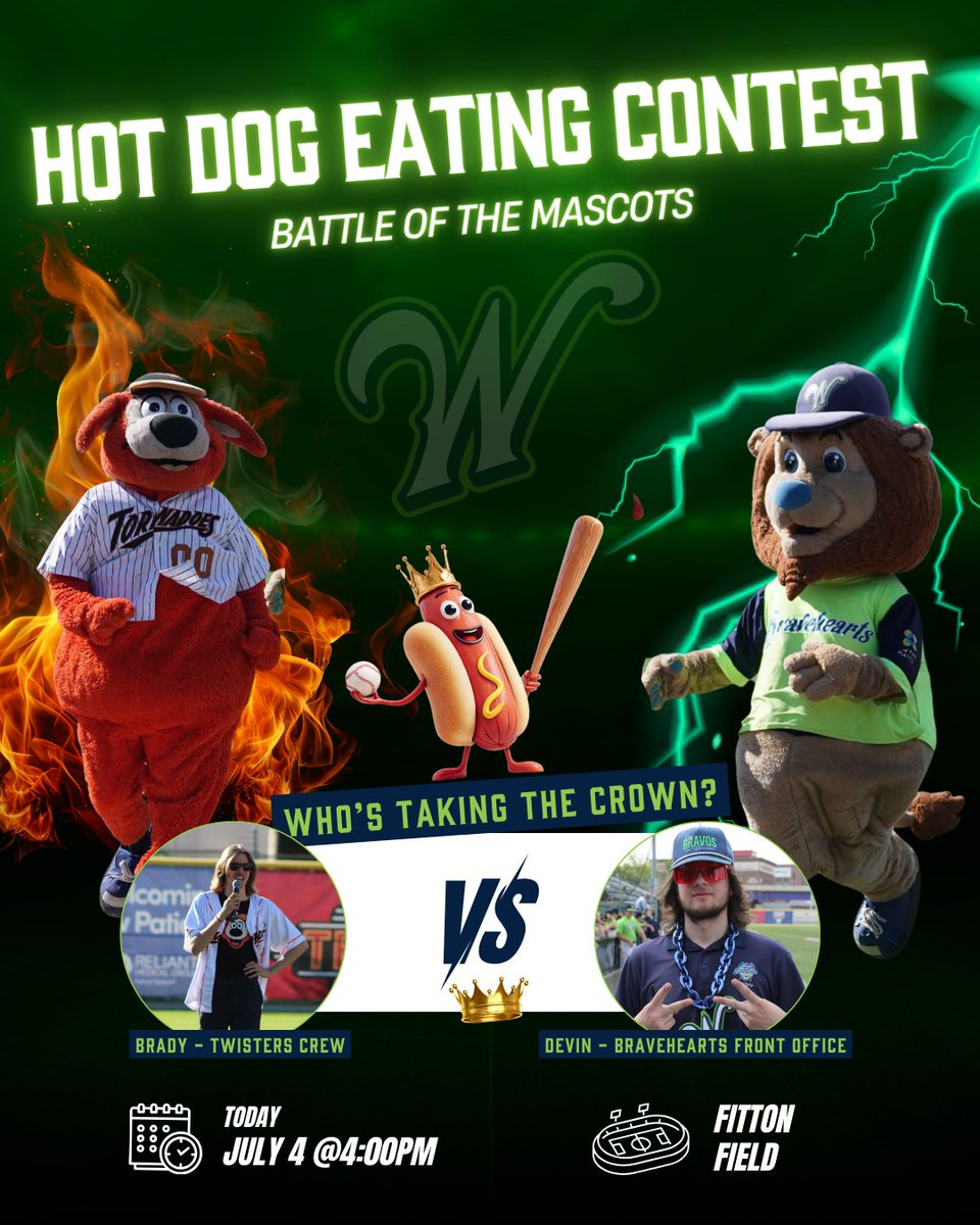 Worcester Bravehearts💚⚾ (@woobaseball) on Twitter photo 10 Minute Hot Dog Eating Contest‼️
Twister’s Crew has challenged the Bravehearts staff to a 4th of July Hot Dog Eating Brawl. The 10 minute long hot dog eating contest will begin at the start of game 2 of today’s Double Header.
Team Twister or Team Jake? 10 Minute Hot Dog Eating Contest‼️
Twister’s Crew has challenged the Bravehearts staff to a 4th of July Hot Dog Eating Brawl. The 10 minute long hot dog eating contest will begin at the start of game 2 of today’s Double Header.
Team Twister or Team Jake?