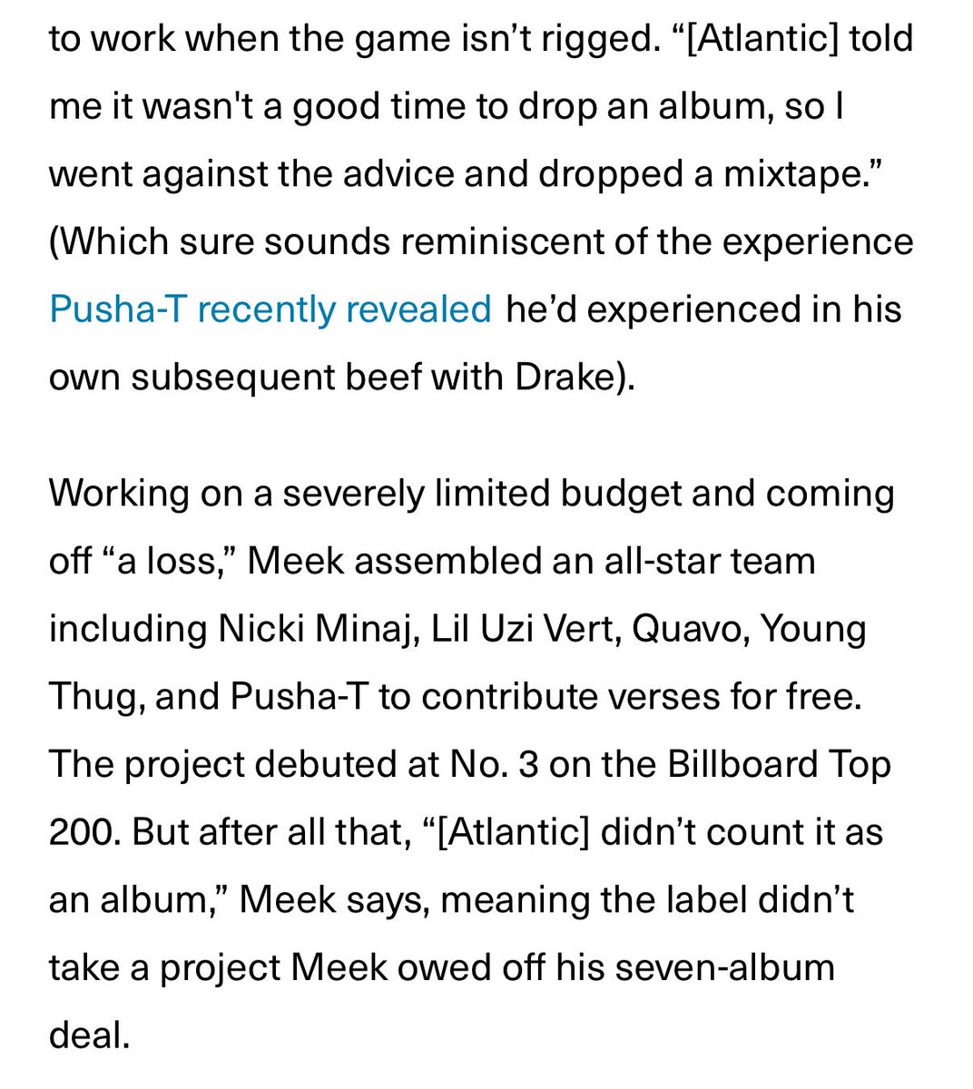 I came across this section in <a href="/MeekMill/">MeekMill</a>’s new Complex interview and it jumped out immediately.

In 2016, Meek dropped a project—14 original tracks, charted No. 3 on Billboard—but Atlantic didn’t count it as an album toward his deal.

Here’s how (and why) that happens 🧵