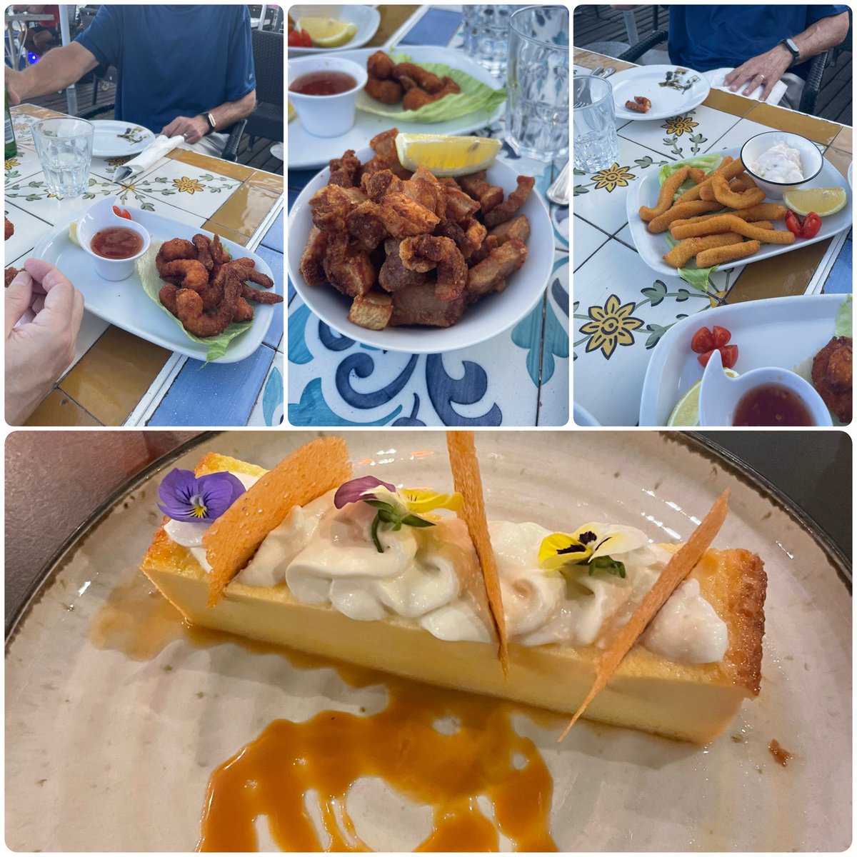 CameronLabUNC's tweet image. Spent our last night with Kevin Raney and Jay Marecki at a sports bar on the dock. Forgot the selfie. 🤦🏾‍♂️ Fried pork belly, fried shrimp, and fried cuttlefish for appetizers. Ended the evening back at the hotel with egg pie (flan) and a tawny port. Ready to eat normally again! 😂
