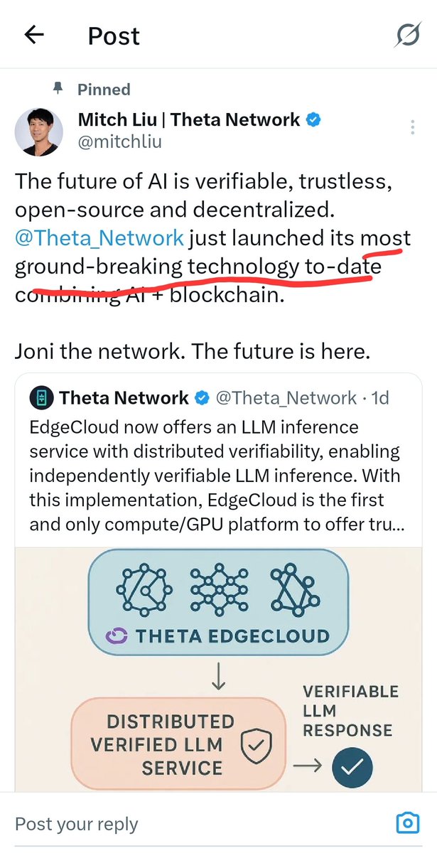 Mitch is calling verifiable LLM $THETA's most ground-breaking technology to date

That's a huge statement given everything Theta Labs has done, and on the heels of the #EdgeCloud Hybrid launch

He's not wrong - the implications of this technology cannot be overstated