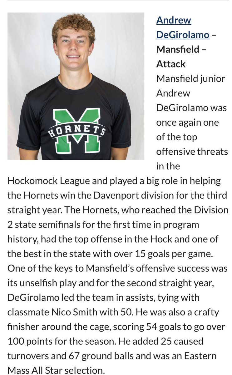 MHS_mens_lax's tweet image. Congratulations to the MHS Men’s Lacrosse HockomockSports.com All Star selections: Cole Hogencamp (Player of the Year), Nico Smith, Andrew DeGirolamo, and Cole Gibson!