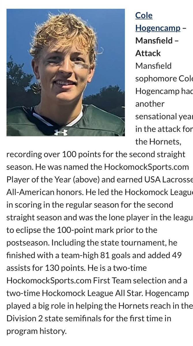 MHS_mens_lax's tweet image. Congratulations to the MHS Men’s Lacrosse HockomockSports.com All Star selections: Cole Hogencamp (Player of the Year), Nico Smith, Andrew DeGirolamo, and Cole Gibson!