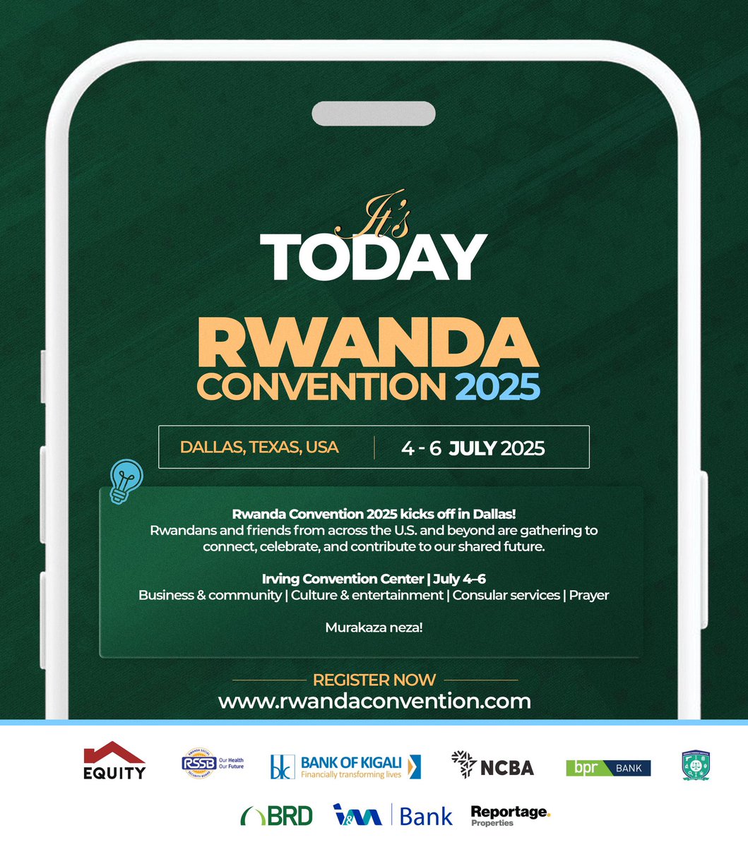 It’s TODAY! #RwandaConvention2025 officially kicks off in Dallas!
From July 4–6, Rwandans and friends of Rwanda are coming together to connect, celebrate, and contribute to our shared future.
Stay tuned for updates!