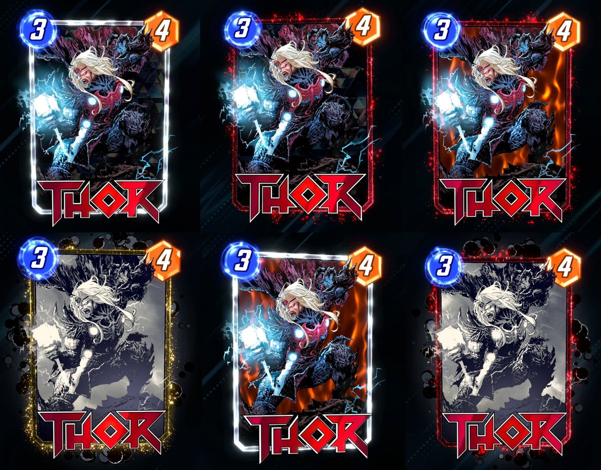 On the left, we have *my* Thor, aka my prized possession and one of my favourite variants.

On the right, we have alternatives because I wanted to see how he’d look with other splits.

What do we think? My instinct is to keep it the same but these cosmic borders grew on me.