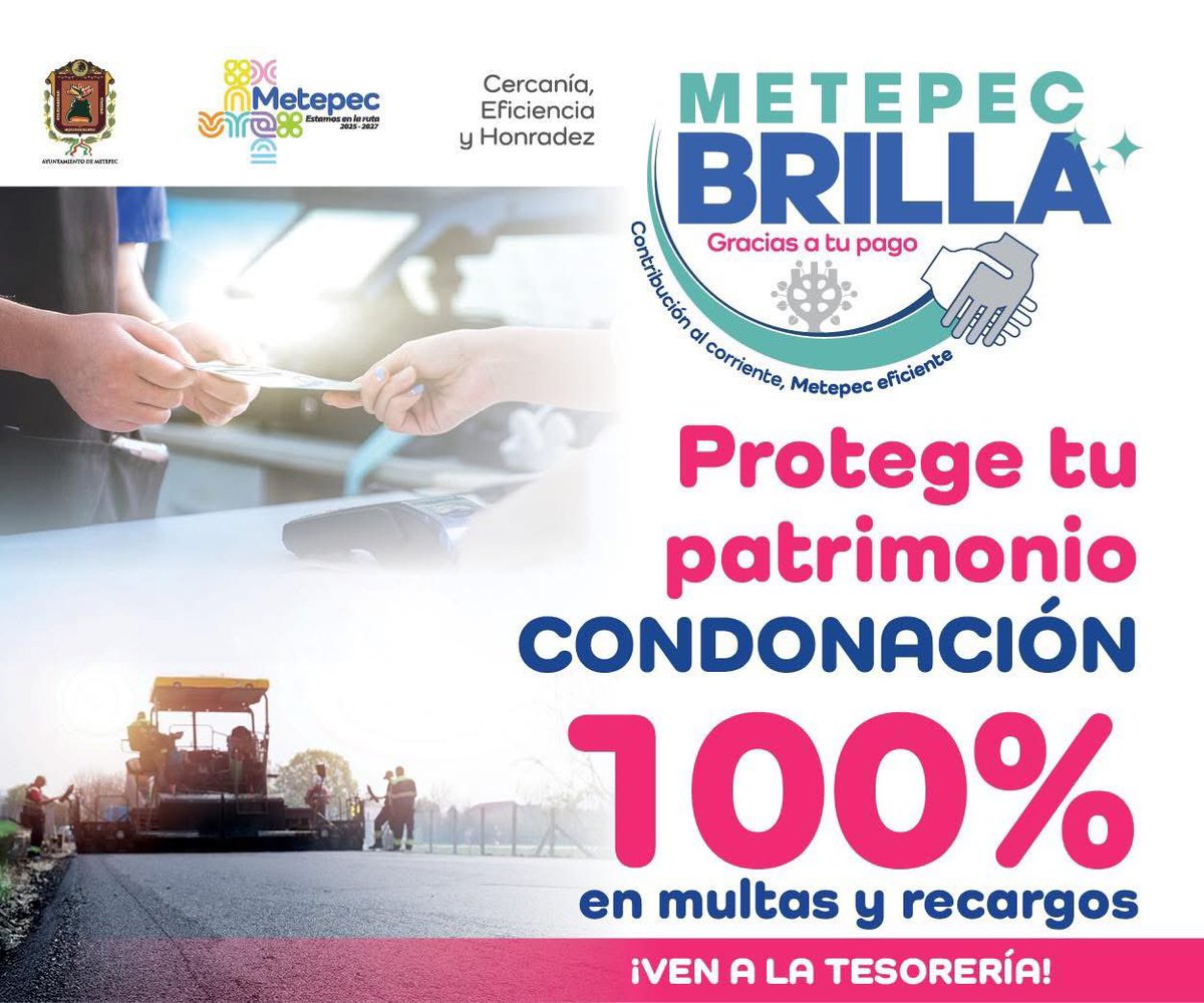 TM_Metepec's tweet photo. #CiudadanosGobernando, llegó julio y los descuento a también👏🏼👏🏼

Aprovecha el 100 % de descuento en multas y recargos en predial y traslado de dominio, cada pago ayuda a que sigamos construyendo un municipio con mejores servicios. 🏘️

#EstamosEnLaRuta https://t.co/xUqfw8Uf8u