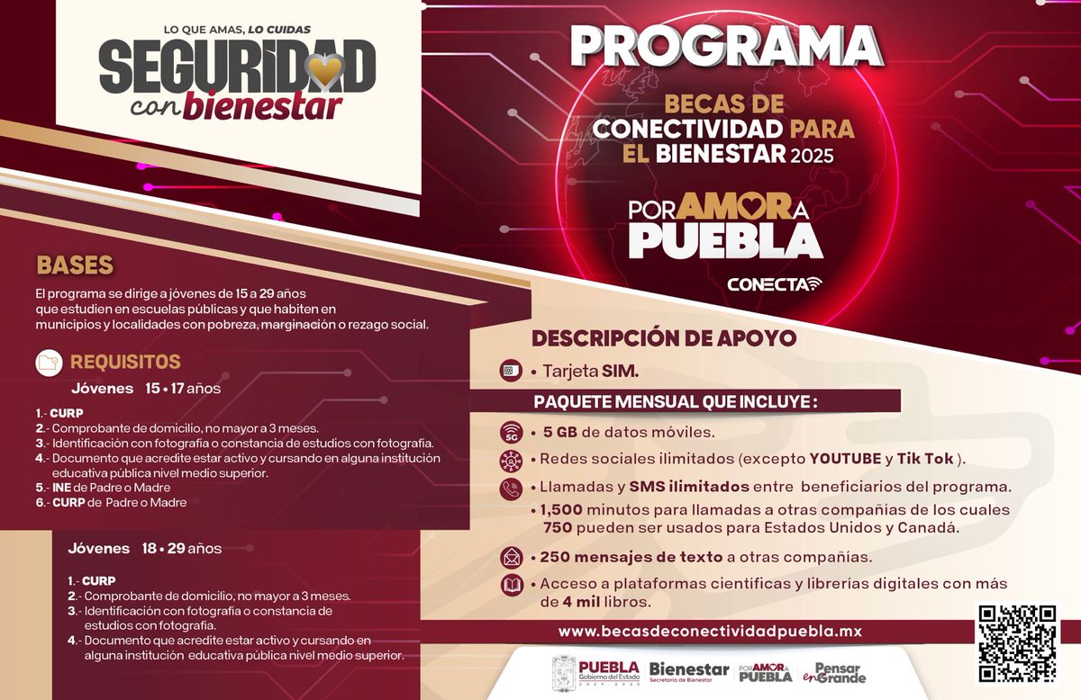 Bienestar_Pue's tweet photo. 🛜 📱Si tienes entre 15 a 29 años, regístrate en el Programa “Becas de Conectividad 2025” #PorAmorAPuebla🫶🏻 en: https://t.co/U9yjaWkeVu

Tendrás mayores oportunidades en educación, comunicación, empleo y participación social.

Lo que se ama se cuida #SeguridadConBienestar https://t.co/uK5G64krva
