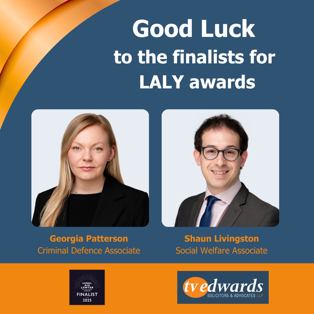 Wishing the best of luck to Shaun Livingston &amp; Georgia Patterson, finalists at the 2025 Legal Aid Lawyer of the Year Awards! Georgia's up for Criminal Defence &amp; Shaun for Public Law. Big night ahead in London!

Read the LAPG press release here 👉bit.ly/3Fk1qTK