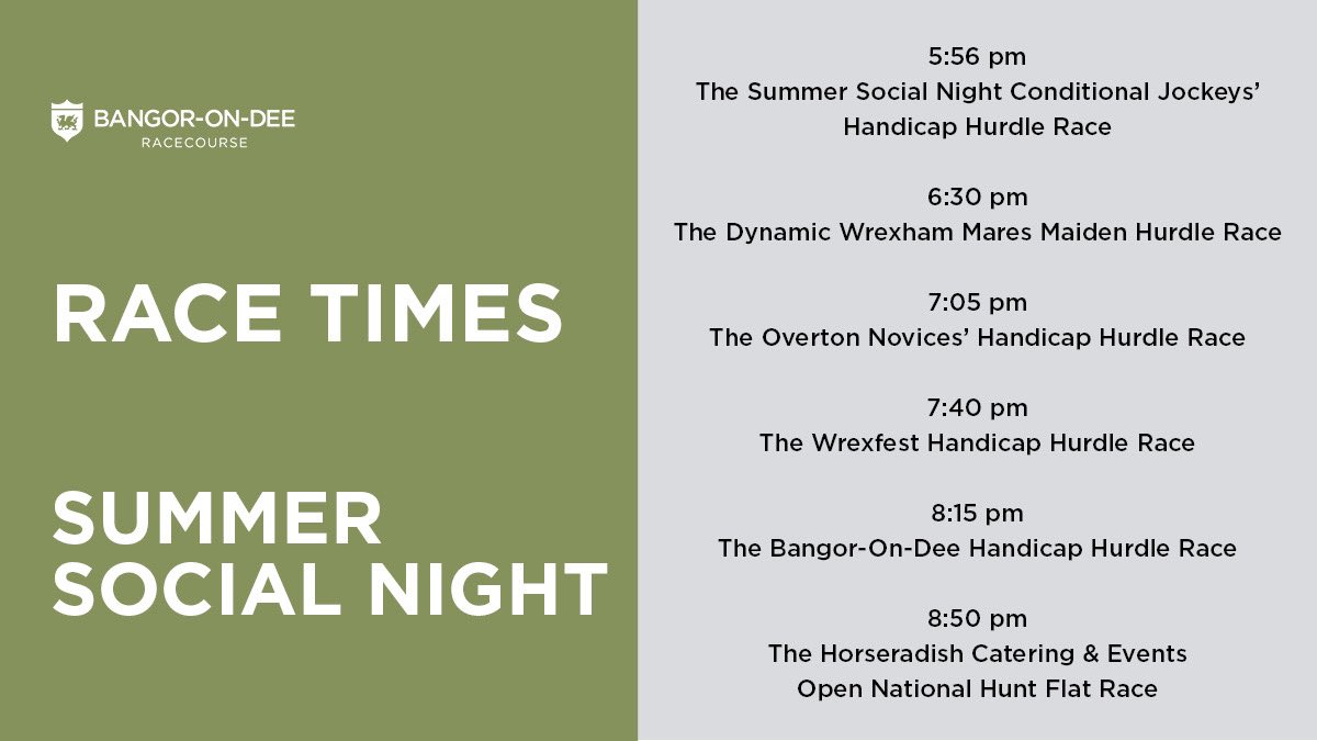 This evening’s race times 🏇

It’s not too late to join us, tickets available at the gate 🎟️