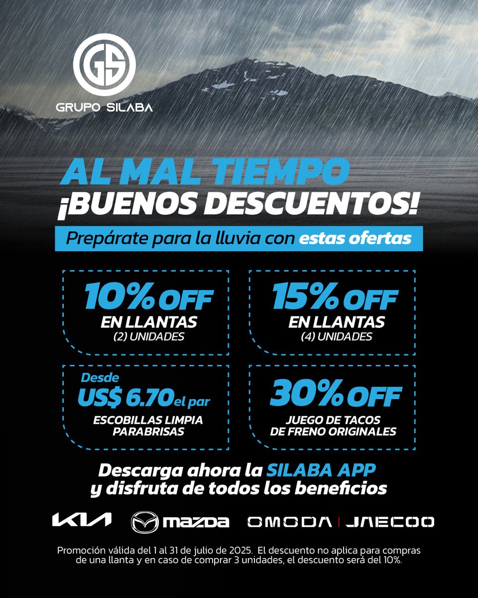 ¡Al mal tiempo, buenos descuentos! ☔🚘

Cuida tu auto y maneja seguro con nuestras ofertas en llantas, frenos y escobillas.

Descarga Silaba App y aprovecha estas ofertas especiales durante julio. 🙌🚗

#GrupoSilaba #Postventa #Panamá