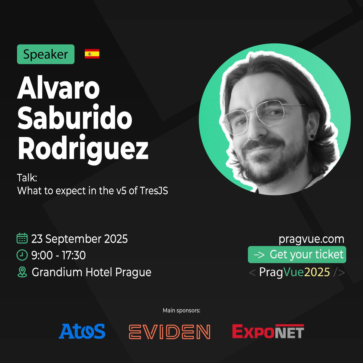 13/13 - Last but not least! <a href="/alvarosabu/">Alvaro</a> will talk about Vue-tailored 3D library <a href="/tresjs_dev/">TresJS</a> and its new version. Maybe he will also show us the game he is working on 🎮

That concludes our speakers. It will be a day packed with awesome talks! Join us at pragvue.com