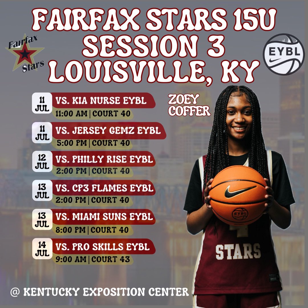 Nike EYBL Session 3️⃣ up next!! Excited to COMPETE against the best in Louisville at Run 4 the Roses‼️✨🏀
#fairfaxstars #nikegirlseybl #run4theroses #compete