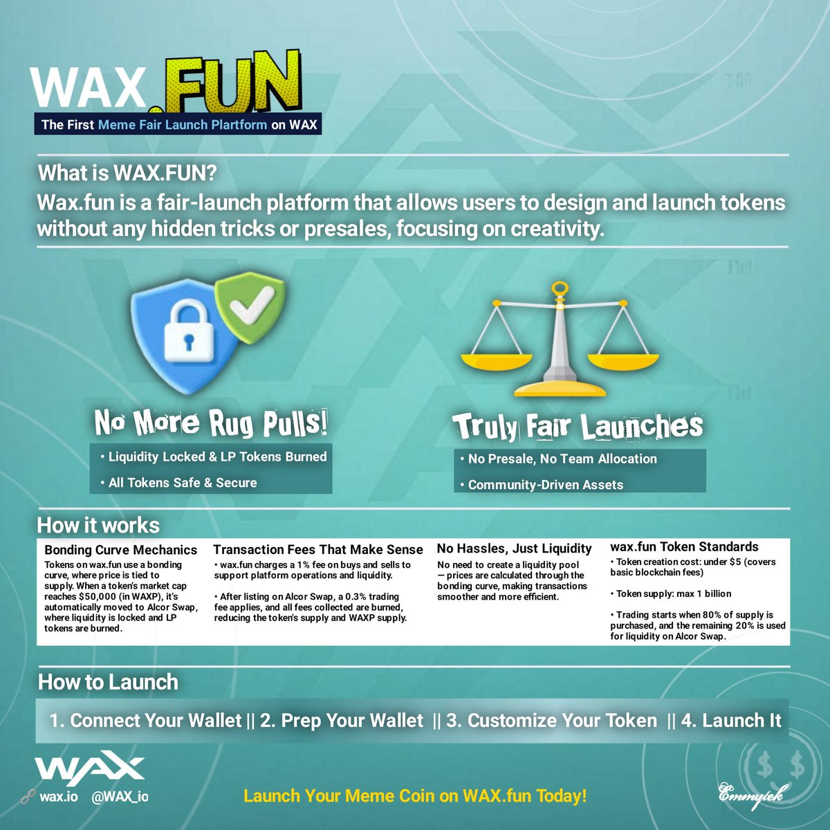 Makanjuola22878's tweet image. 1/ Tired of shady token launches? WAX.fun is here to change the game! We're the first meme coin fair launch platform on WAX, built to prioritize your safety and empower the community.
Say goodbye to rug pulls! [1/3]

@WAX_io #WAXHub