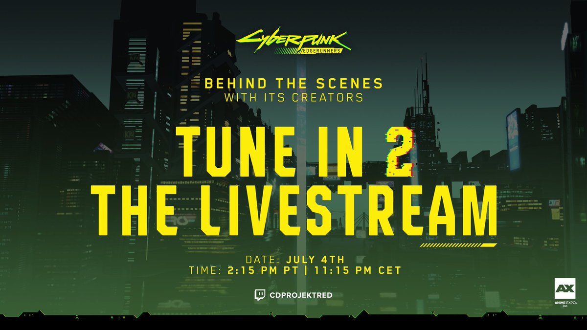 edgerunners's tweet image. 🚨 Our #AnimeExpo2025 panel begins in 3️⃣ hours!
If you’re in LA, attending the event, head 2 the Petree Hall and if you’re anywhere else, tune in 2 the livestream at twitch.tv/cdprojektred 🖥️
See you soon, chooms! 😎