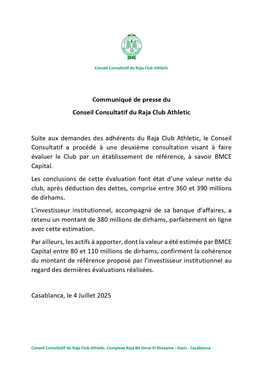 🟩|| Communiqué de presse du Conseil Consultatif du Raja Club Athletic.