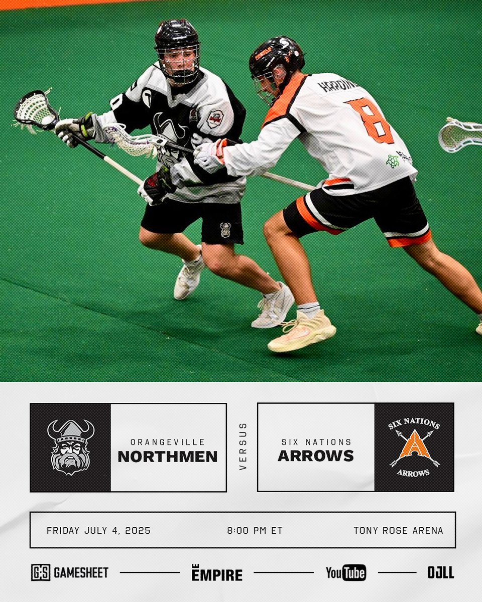 Live on YouTube, the first-ranked Northmen host the second-ranked Arrows.

📍Tony Rose Arena
🕖 8:00 PM ET
📺 bit.ly/OJLLTV