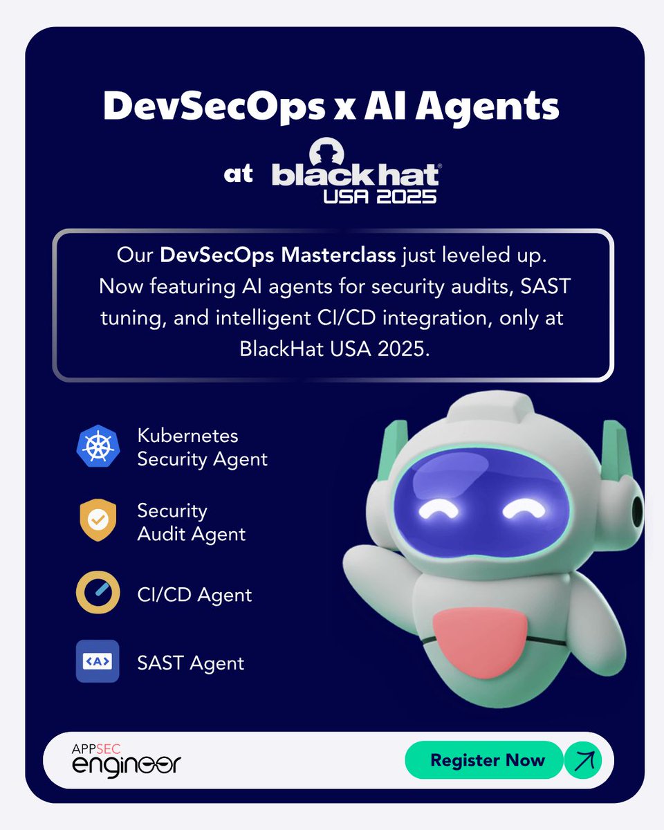 Big upgrade. Bigger possibilities.

Our DevSecOps Masterclass at Black Hat USA 2025 just levelled up with AI-powered agents built for modern AppSec workflows.

You’ll get hands-on with:
→ AI agents that enhance SAST and reduce false positives
→ Autonomous security audit bots