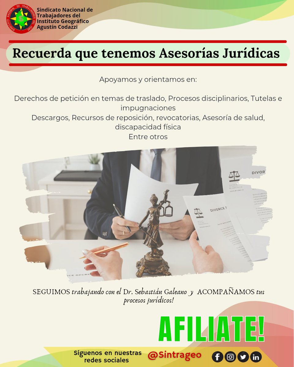 Ser parte de SINTRAGEOGRÁFICO te da más beneficios.

Si estás afiliado puedes recibir asesoría jurídica para tus procesos laborales.

Si aún no estás afiliado, ¿qué esperas para hacerlo?

#SINTRAGEOGRÁFICO

JUNTOS SOMOS MÁS FUERTES💪