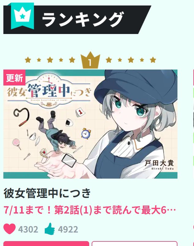『彼女管理中につき』本日更新しました!
1話と2話前半の2つが無料なのでたくさん読んでもらえると嬉しいです。
(3話の先読みも更新されました)

早速1位もありがとうございます!
たくさん応援頂いて本当ににうれしいです🥲 
