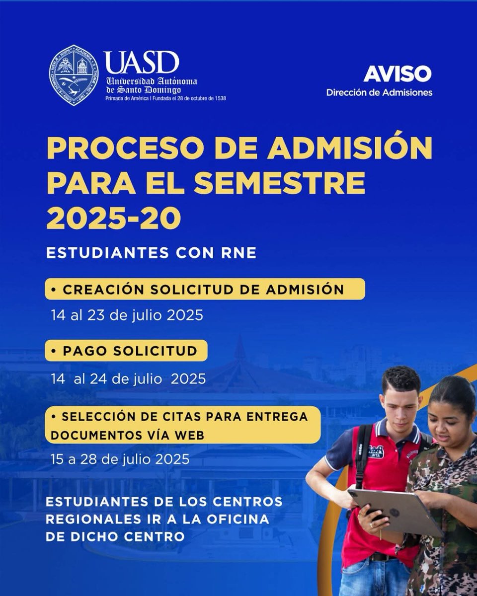 ¡Atención estudiantes interesados en ingresar a la UASD!

🗓️¡Ya se acerca el proceso de admisión para nuevos ingresos!