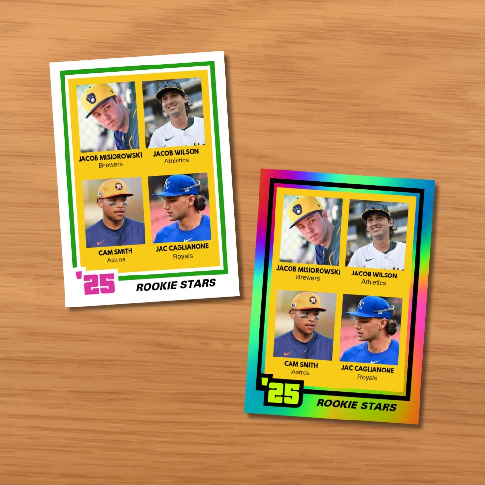 roselleavenue's tweet image. New custom card of rookie stars Jacob Misiorowski, Jacob Wilson, Cam Smith, and Jac Caglianone in two versions - Classic and Rainbow π