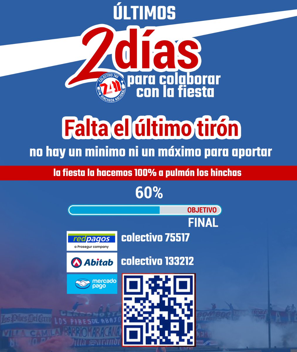 ¡TRICOLORES!
Se viene un recibimiento a la altura de la historia del Club Nacional de Football. Quedan solo 2 días y todavía estamos lejos de la meta.
💪 Esta fiesta la hacemos entre todos. Tu aporte, grande o chico, es lo que lo hace posible.