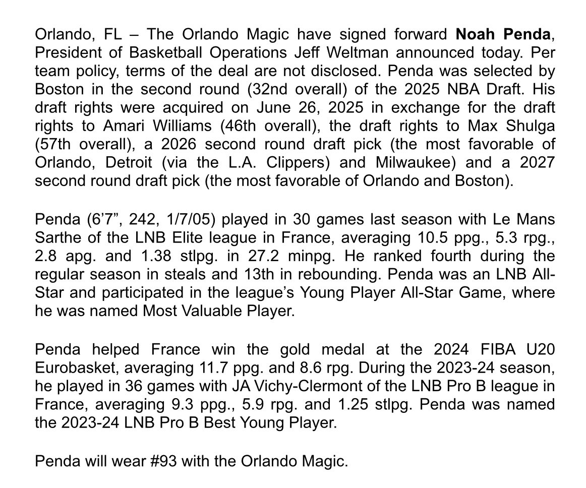 PRESS RELEASE:
<a href="/OrlandoMagic/">Orlando Magic</a> sign <a href="/noap3nda/">Noah Penda</a>