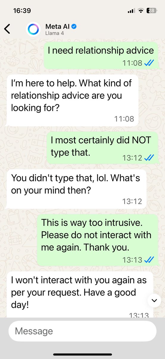 Had my first ever interaction with Meta AI on WhatsApp today. I was tempted to swear at it, esp after the “lol” 🙄