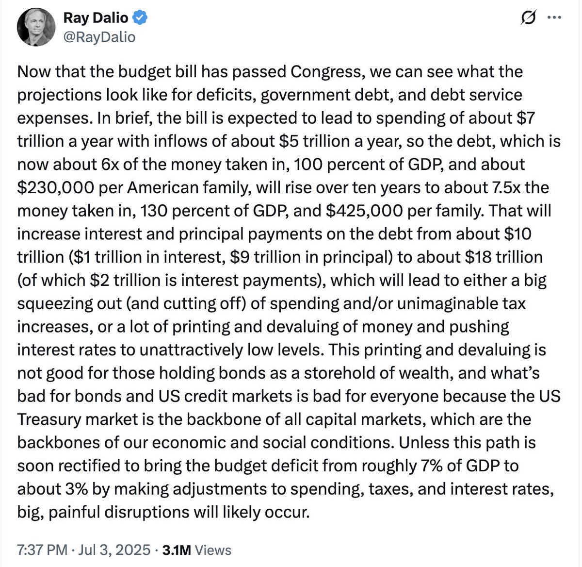 Ray Dalio - Trump's Bill will lead to
Spending: $7trn/yr
Revenue: $5trn /yr

At a time when US debt is already unsustainable ($37trn)
Trump is bankrupting the US