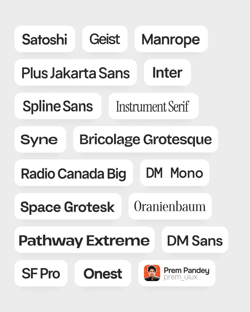 prem_uiux's tweet photo. These are my go-to free fonts as a UI/UX designer.

Bookmark this 🔖

Which one’s your favorite? 💬 https://t.co/TQHyvLWWd9