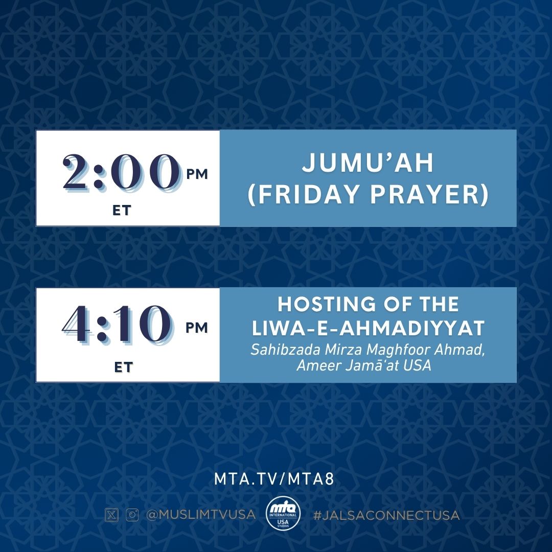 MuslimTVUSA's tweet photo. Here’s what’s coming up today at Jalsa Salana USA!

Stay tuned for a day full of uplifting speeches, inspiring moments, and spiritual blessings.

#MTAi #MTAUSA #JalsaUSA https://t.co/VGh50MID7J