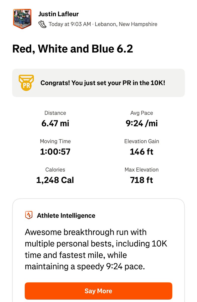 JustLafleur's tweet image. Began the Fourth of July with (I believe) a PR in the 10K! Finished in about 60:20 (goal was to beat a 10-minute mile pace with time to spare). And it was seven minutes faster than the exact same race I did last July 4.