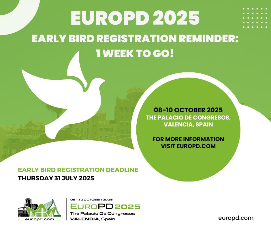One week. That's all that’s left to claim your early bird discount for EuroPD 2025! Join us in Valencia this October and register before its too late. Register now 👉 europd.com/registration-2/
