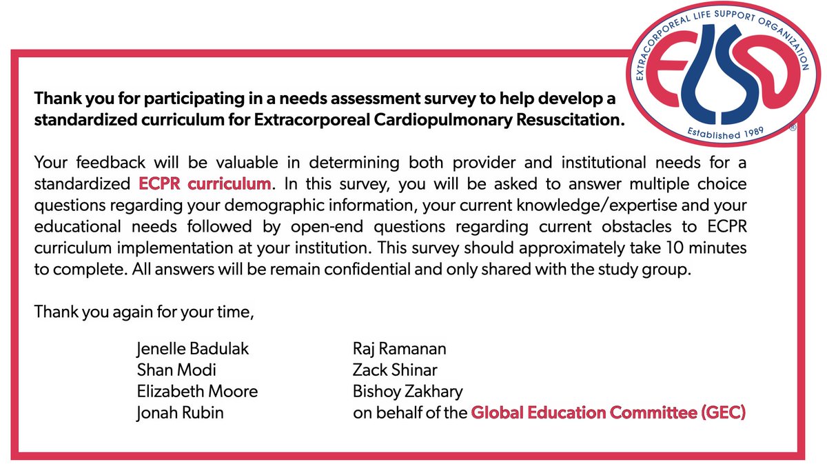 FOAMecmo's tweet image. 📢 Participate in a needs assessment survey to help develop a standardized curriculum for #ECPR!
The @ELSOOrg team is developing a more comprehensive ECPR curriculum, and we need your input. We're looking to identify areas where your current educational needs aren't being fully…