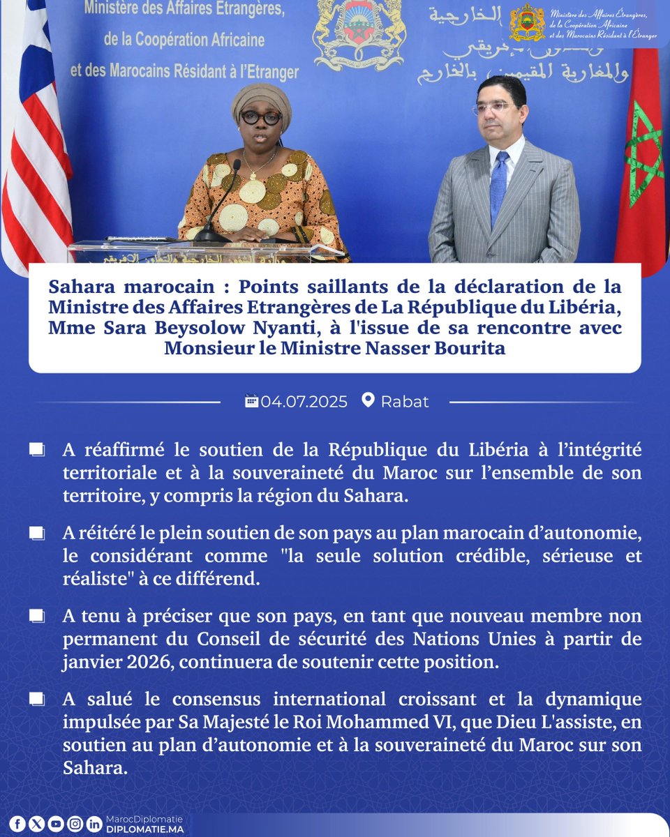 #Sahara_marocain : Points saillants de la déclaration de la Ministre des Affaires Etrangères de La République du Libéria, Mme Sara Beysolow Nyanti, à l'issue de sa rencontre avec Monsieur le Ministre Nasser Bourita