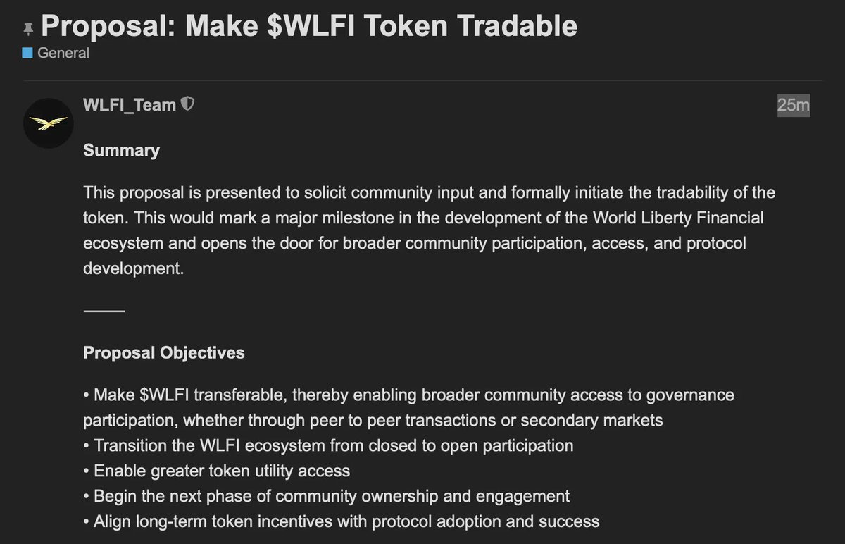 .<a href="/worldlibertyfi/">WLFI</a> kicks off proposal to make the $WLFI token tradable

governance.worldlibertyfinancial.com/t/proposal-mak…