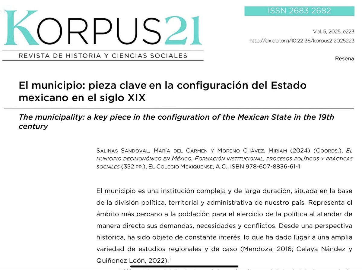 Con gusto comparto la reseña que escribí del libro: El municipio decimonónico, coordinado por María del Carmen Salinas Sandoval y Miriam Moreno Chávez. ¡Espero les interese! 📖✨

Aquí el link 👇
korpus21.cmq.edu.mx/index.php/ohtl…