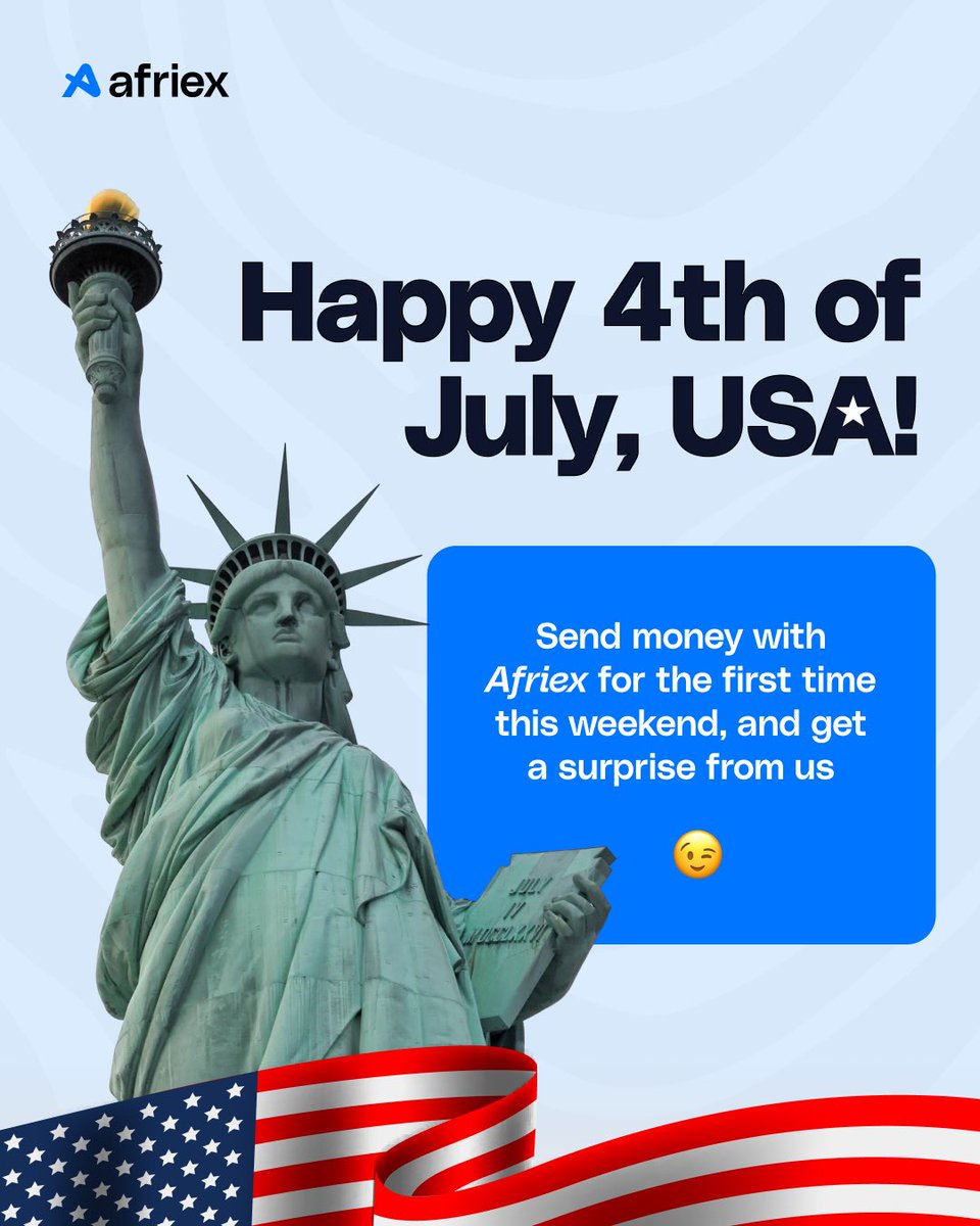 Happy Independence Day, USA!🇺🇸 
New to Afriex? Send money this weekend and enjoy a surprise gift on us 😉
Download Here⬇️
 app.adjust.com/1hp6qul
#July4
