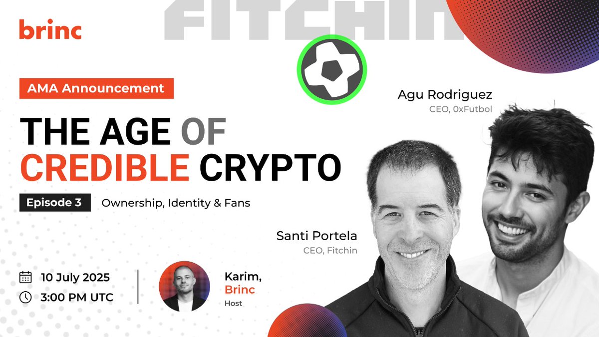 🚨 MEGA AMA ALERT 🚨 

The Age of Credible Crypto EP 3

“Ownership, Identity &amp; Fans: Rewriting Sports Through Web3” 

<a href="/agurod42/">Agu</a> CEO (<a href="/0xfutbol/">0xFútbol</a>) × <a href="/SantiPorte10/">Santiago Portela</a> CEO (<a href="/fitchinGG/">FITCHIN</a>)

Go live on July 10 to explore how fans become stakeholders.

Set reminder : x.com/i/spaces/1YpKk…