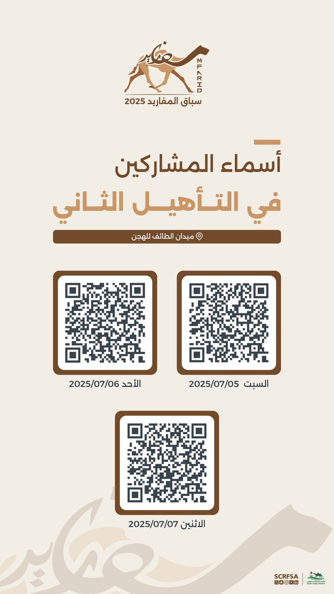 📄| أسماء المشاركين في التأهيل الثاني ضمن منافسات #سباق_المفاريد 2025.

📍ميدان الطائف للهجن
🕠 5:30 صباحاً