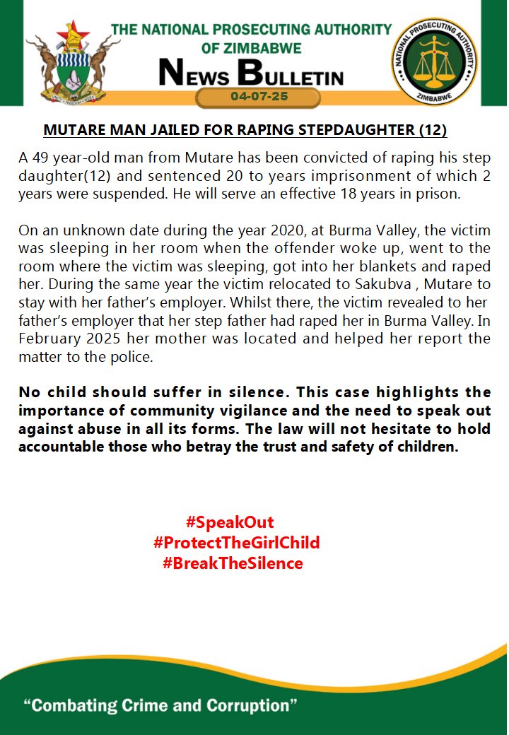 National Prosecuting Authority of Zimbabwe (@npazim) on Twitter photo Mutare Man Jailed for Raping Stepdaughter (12)
#CombatingCrimeAndCorruption
<a href="/gwasbuz/">george swarei</a> <a href="/ManicaPostZim/">The Manica Post</a> <a href="/enkudheni/">Padare-Enkundleni</a> <a href="/MUSASAZIM/">MUSASA</a> <a href="/ShamwariyeMwana/">Shamwari Yemwanasikana</a> <a href="/MwanasikanaW/">Mwanasikana Wanhasi</a> <a href="/AdultRapeClinic/">ARC</a> <a href="/childlinezim/">Childline Zimbabwe</a> <a href="/PlanZimbabwe/">Plan Int' Zimbabwe</a> <a href="/DiamondFMZim/">Diamond Fm Zim News</a> @GreDykeNews <a href="/StarFMNews/">Star FM News</a> <a href="/crimewatchzw/">Crime Watch Zimbabwe</a> <a href="/zimstar_news/">Zimstar News</a> <a href="/3KtvZim/">3Ktv</a> Mutare Man Jailed for Raping Stepdaughter (12)
#CombatingCrimeAndCorruption
<a href="/gwasbuz/">george swarei</a> <a href="/ManicaPostZim/">The Manica Post</a> <a href="/enkudheni/">Padare-Enkundleni</a> <a href="/MUSASAZIM/">MUSASA</a> <a href="/ShamwariyeMwana/">Shamwari Yemwanasikana</a> <a href="/MwanasikanaW/">Mwanasikana Wanhasi</a> <a href="/AdultRapeClinic/">ARC</a> <a href="/childlinezim/">Childline Zimbabwe</a> <a href="/PlanZimbabwe/">Plan Int' Zimbabwe</a> <a href="/DiamondFMZim/">Diamond Fm Zim News</a> @GreDykeNews <a href="/StarFMNews/">Star FM News</a> <a href="/crimewatchzw/">Crime Watch Zimbabwe</a> <a href="/zimstar_news/">Zimstar News</a> <a href="/3KtvZim/">3Ktv</a>