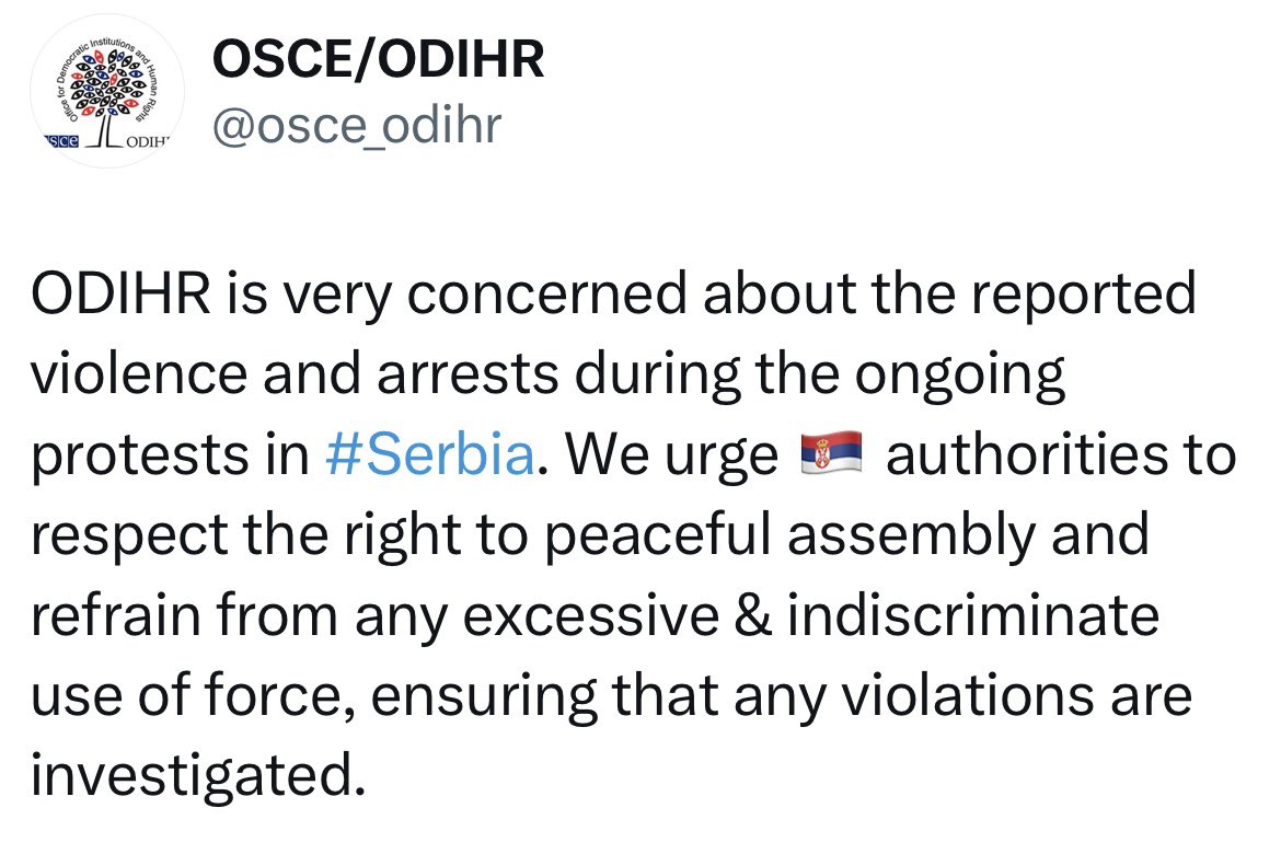 SRBinOSCE's tweet image. The Republic of Serbia remains committed to upholding the rights to freedom of expression and peaceful assembly. However, no democratic system can accept violence masquerading as protest, nor tolerate deliberate efforts to destabilize institutions under any pretext.
Although…