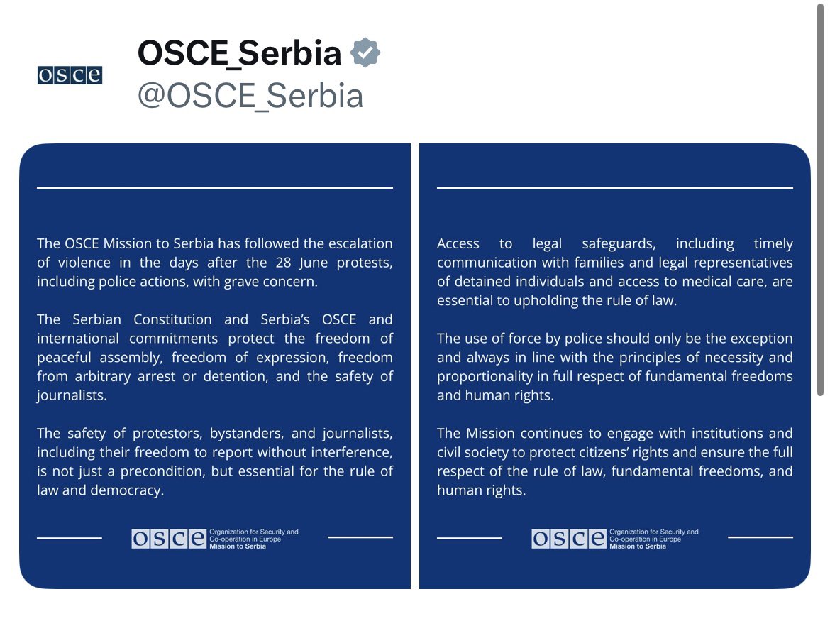 SRBinOSCE's tweet image. The Republic of Serbia remains committed to upholding the rights to freedom of expression and peaceful assembly. However, no democratic system can accept violence masquerading as protest, nor tolerate deliberate efforts to destabilize institutions under any pretext.
Although…
