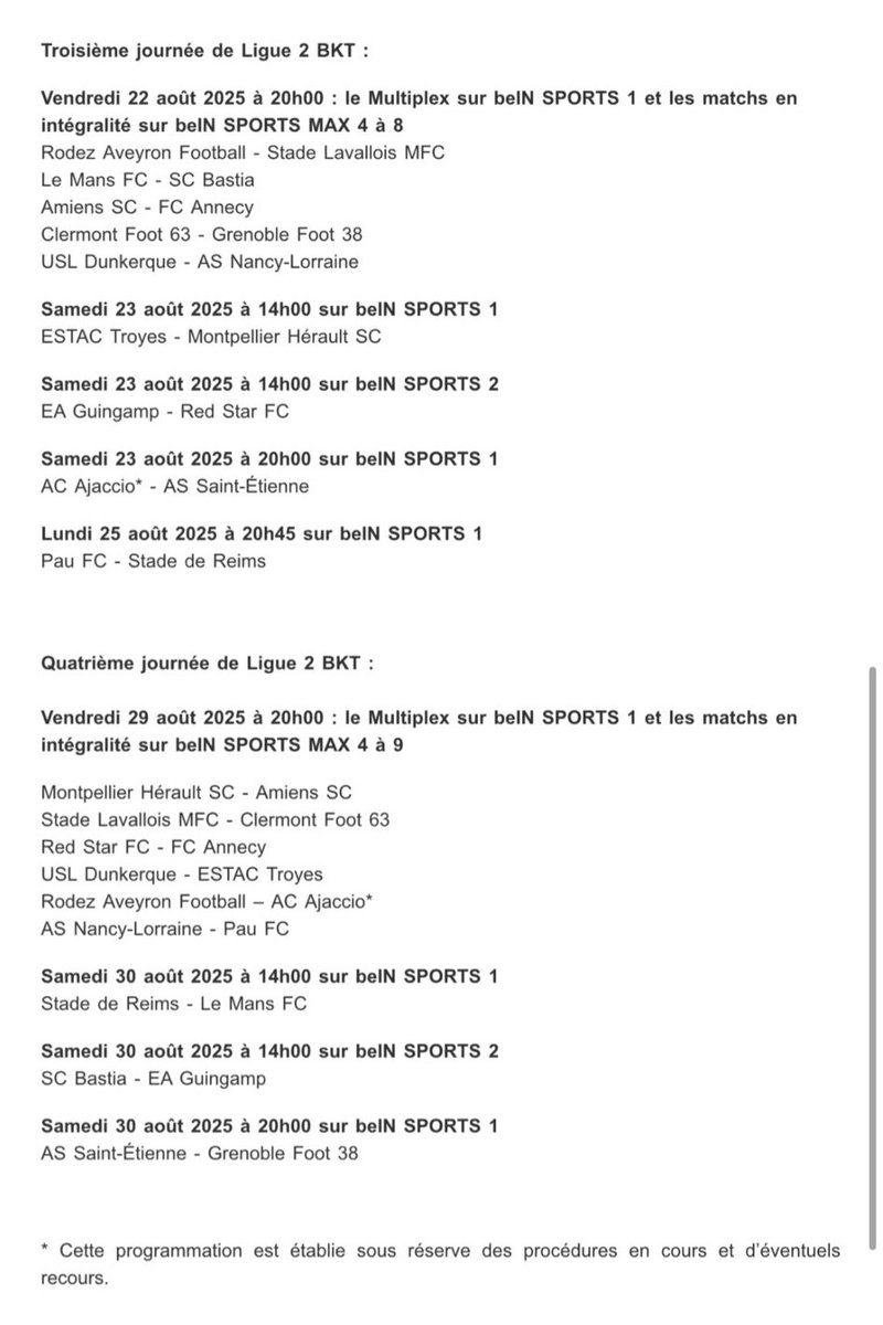 VirageSudLeMans's tweet image. #Programmation La LFP a dévoilé la programmation des 4 premières journées de #Ligue2
📅 Guingamp - Le Mans le samedi 9 août 14h
📅 Le Mans - Montpellier Lundi 18 Août 20h45
📅 Le Mans - Bastia 22 Août 20h
📅 Reims - Le Mans Samedi 26 Août 14h !!