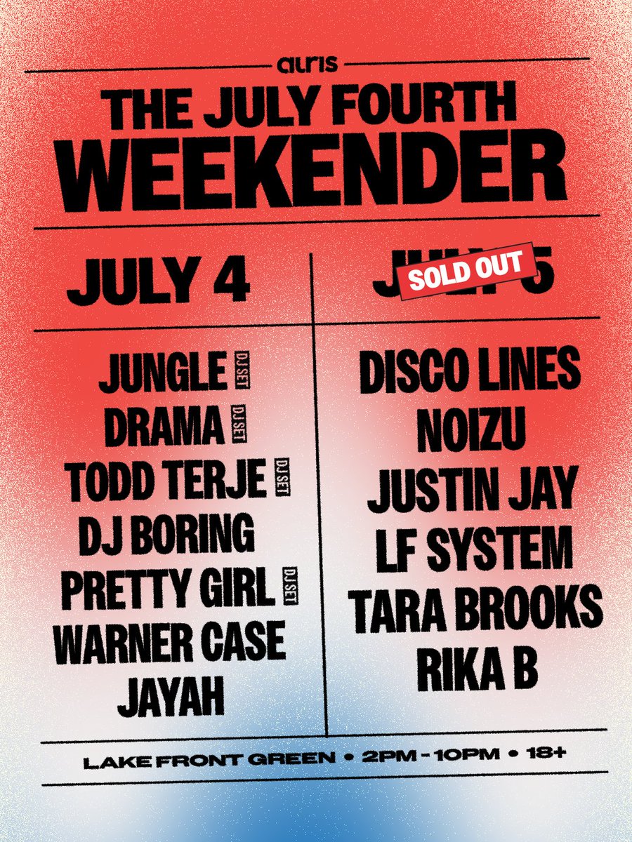 Your summer spark is here 🎆 The July Fourth Weekender is BACK &amp; kicks off today with DJ Sets from Jungle, DRAMA, Todd Terje, &amp; more

Last chance for Friday passes, Saturday + 2-Day passes are sold out: …yfourthweekender.frontgatetickets.com