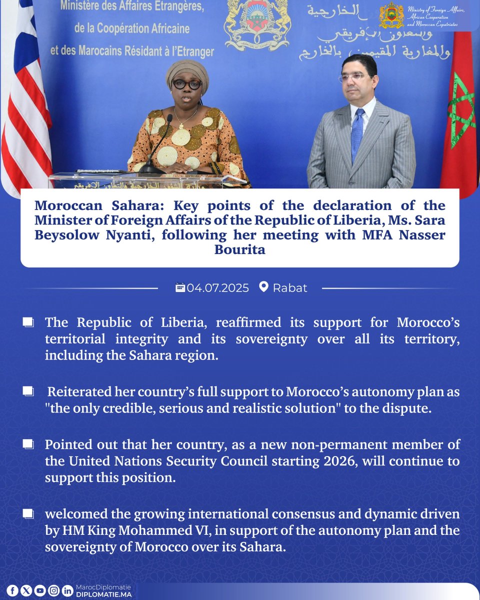 Moroccan Sahara: Key points of the declaration of the Minister of Foreign Affairs of the Republic of Liberia, Ms. Sara Beysolow Nyanti, following her meeting with MFA Nasser Bourita