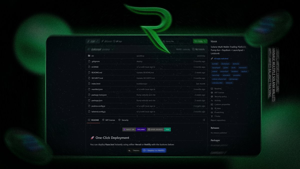 razedotbot's tweet image. 🟢 The #1 Open Source Bundler on Solana has arrived
🔐 Manage 180+ wallets simultaneously
🪙 One-click SOL mixer, from 1 to 180+ wallets, with no detection
🌐 Includes Supply Cleaner, Stagger, Quick Buys, and 10+ powerful features
📂 github.com/razedotbot/sol…
📔…