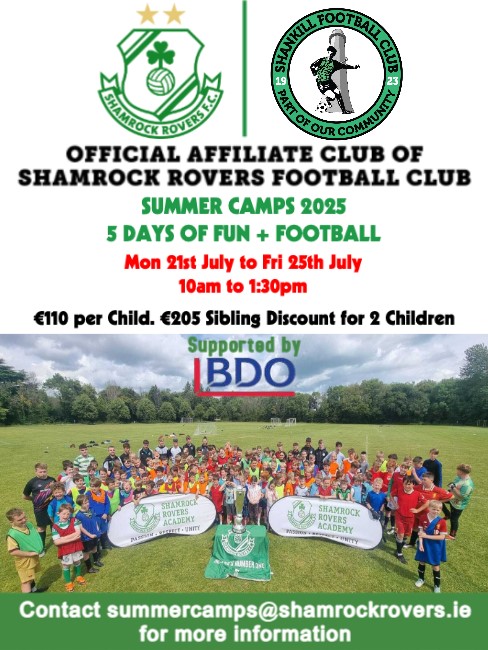 Shamrock Rovers / Shankill FC Summer Camps
Mon July 21st -  Friday July 25th in Shanganagh Park.
Book Your Child's Place through the following link:
shamrockrovers.ie/football-camps
Select Location as Shankill FC
Register Your Child For Shankill FC / Summer Camp...⚽🟢⚫